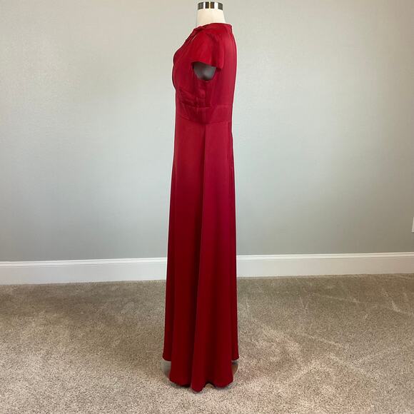 DKNY Red Satin Short Sleeve Evening Gown Size 8 Cut Out Long Formal Dress - Picture 5 of 13